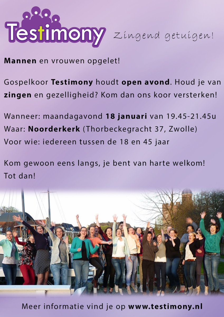TestimonyZwolle's tweet photo. "Come and join the chorus!" ♪ Volgende week, maandag 18/1 Open Repetitie! Welkom alt/bas/tenor/sopraan 18-45jr! https://t.co/mBi1SFEmEl