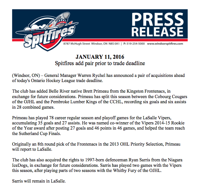 SpitsHockey's tweet photo. TRADE NEWS: Spits add @Primz20 &amp; @sarris97 prior to @OHLHockey trade deadline. https://t.co/kAGy32YVER https://t.co/Ubimp89FN4