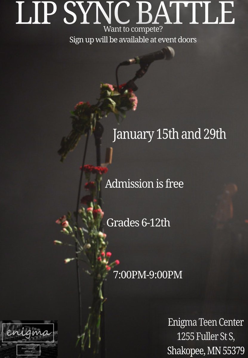 enigmashakopee's tweet photo. Join us this Friday from 7-9 p.m. for Lip Sync Battles! Open to grades 6-12. Free; no pre-registration required! https://t.co/WPpLIGB1KO