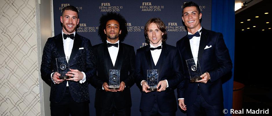 realmadrid's tweet photo. ¡@Cristiano, @MarceloM12, @SergioRamos y Modric, en el Once Mundial de FIFA FIFPro 2015!

https://t.co/DGfitCVSXE https://t.co/o3NJ6zmBEv