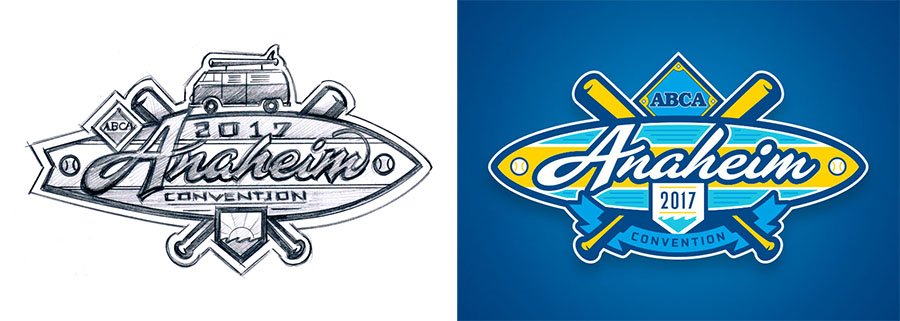 Torch_Creative's tweet photo. Sketch for the ABCA conv logo. Originally had the "VW surf van" carrying a baseball bat. #onlychange #logosketch https://t.co/wmn3wEAwUi