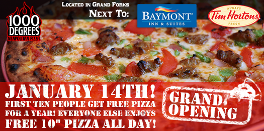 1000DegreePizza's tweet photo. Free Custom 10" Neapolitan Pizza ALL DAY for ALL GUESTS @1000DegreePizza Grand Forks, ND Grand Opening on 1/14/16! https://t.co/MOawu1zXiI