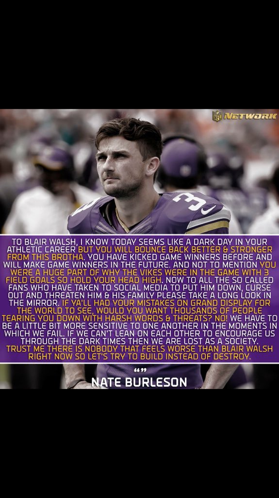 APlenzler's tweet photo. Keep your head up @BlairWalsh3. You have a solid leg, you're a great teammate, and overall a great person. #Skol https://t.co/czk3hwI2YK