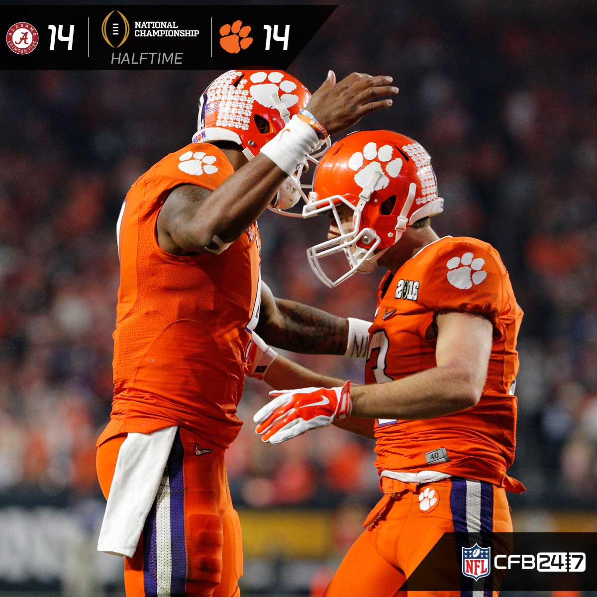 NFLDraft's tweet photo. HALFTIME: 30 minutes down. 30 minutes to go. We're TIED! #NationalChampionship https://t.co/jSJjOxPgxB