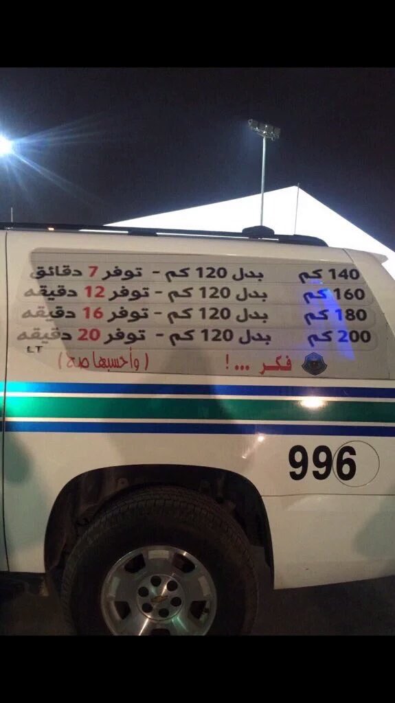 #صورة 🔴
.
"فكر واحسبها صح"، ملصق إرشادي على إحدى سيارات "أمن الطرق" للتوعية حول السرعة.
.
"ساهم بنشره لتنقذ غيرك"
-