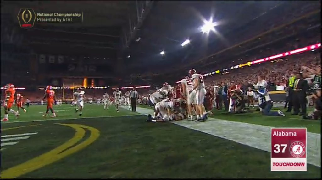 SEC's tweet photo. 95 YARDS! 

Alabama leads 38-27. #RollTide https://t.co/MSam9MHyZF