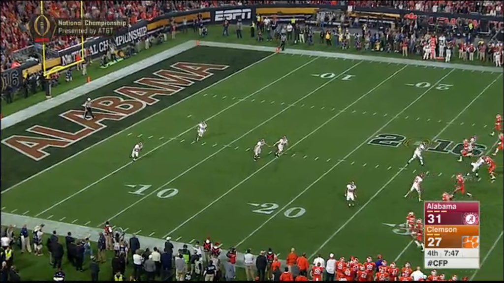 SEC's tweet photo. 95 YARDS! 

Alabama leads 38-27. #RollTide https://t.co/MSam9MHyZF
