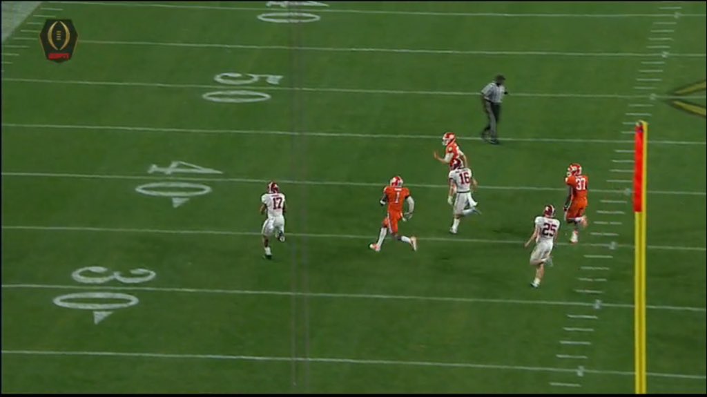 SEC's tweet photo. 95 YARDS! 

Alabama leads 38-27. #RollTide https://t.co/MSam9MHyZF