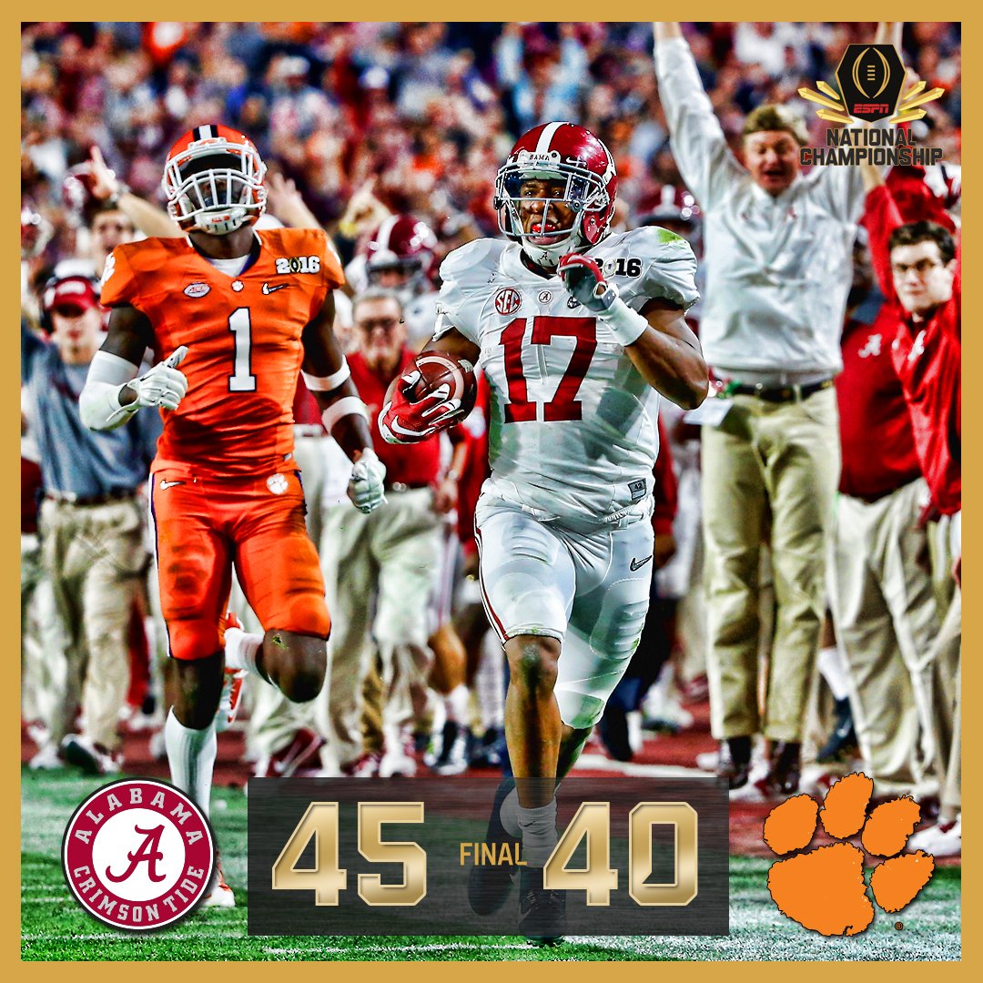 ESPNCFB's tweet photo. NATIONAL CHAMPS! Alabama wins the @ATT #CFP Final in a crazy battle vs. Clemson. https://t.co/J8poY8M0Vd