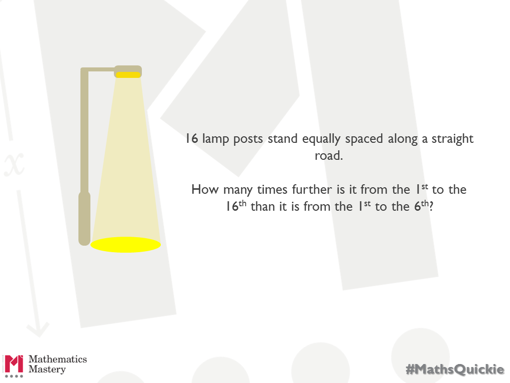 MathsMastery's tweet image. #MathsQuickie: How many times further is the 1st lamppost from the 16th than it is from the 6th?