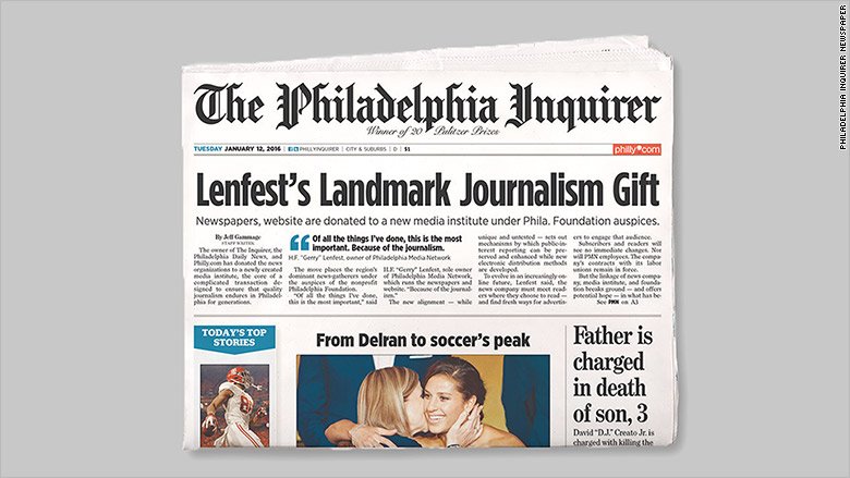 CNN's tweet photo. A non-profit group now owns Philadelphia's two main newspapers https://t.co/eUCmNaJgJh https://t.co/QKnuKy2JoC
