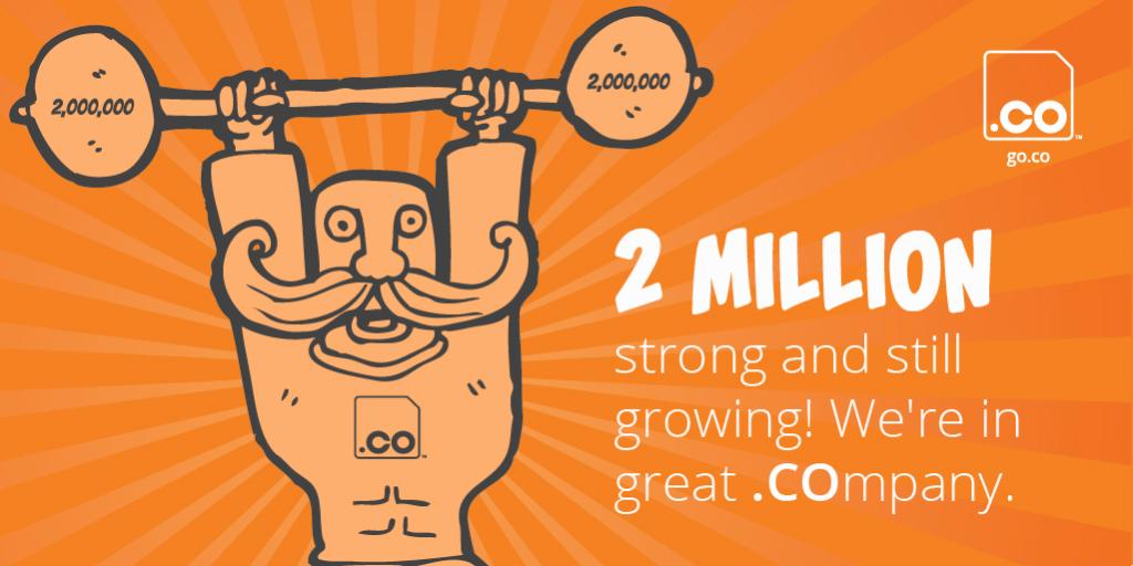 dotCO's tweet photo. 2 Million Strong &amp; Growing! Check out our blog post for the scoop. https://t.co/IwQWaOuCGu #domains #makeithappen https://t.co/K9PhhO2jpV
