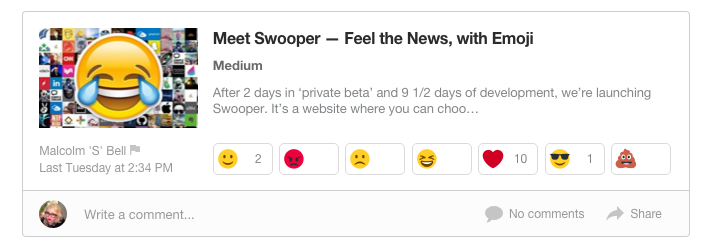 confabsocial's tweet image. Emoji news! 👉 Swooper is the new #emoji-led news site from the team behind @Mailcloud buff.ly/1SLydiI