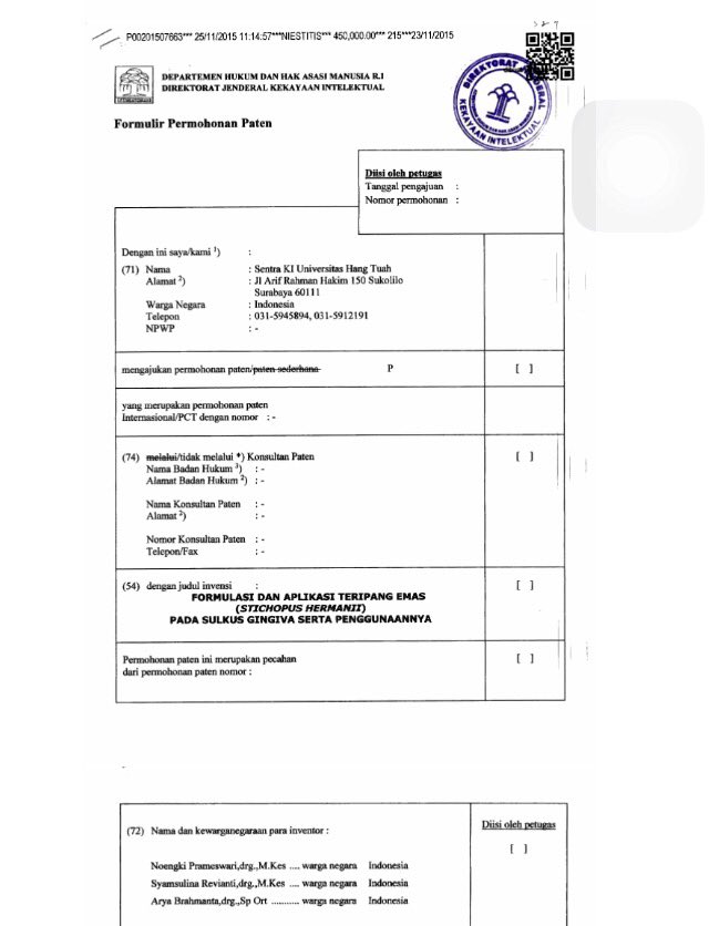 Alhamdulillah, punya PATEN : Formulasi dan Aplikasi Teripang Emas pd sulkus gingiva dan aplikasinya
