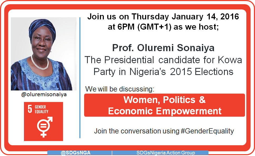 SDGsNGA's tweet photo. Join us on Thurs Jan 14 at 6PM for WOMEN, POLITICS &amp; ECONOMIC EMPOWERMENT with Prof @oluremisonaiya #GenderEquality https://t.co/WkndAL8lfi