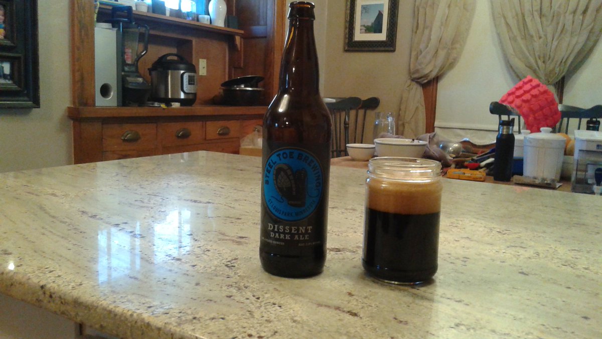 Ben_Jaffy's tweet photo. Testing the new countertops. After much tension over the decision, @SteelToeBrewing Dissent is how I'm celebrating https://t.co/Rc38VQwZfL