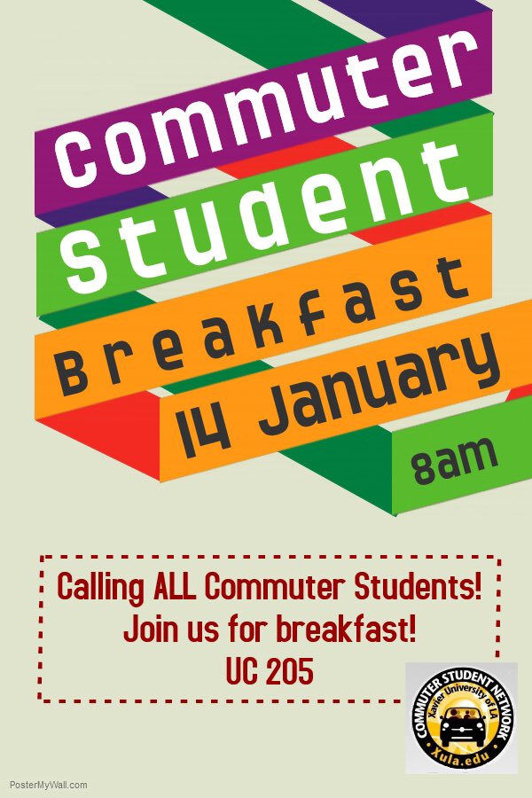 XULA_CSN's tweet photo. COMMUTER STUDENT BREAKFAST THIS THURSDAY! RT @xulaherald @XULASGA @Collegiate100XU https://t.co/y2uWP8BKvw