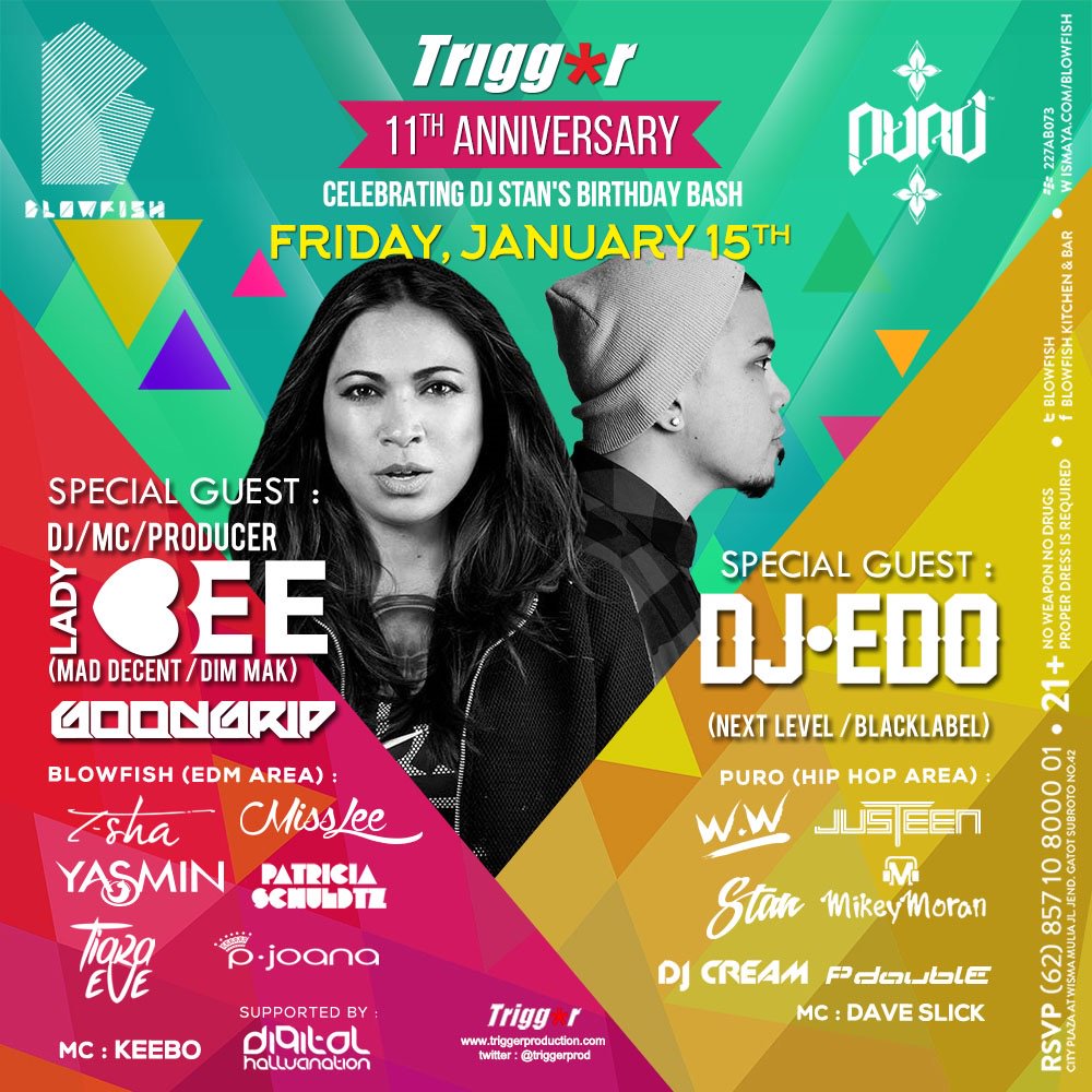 StanKreelekamp's tweet image. THIS FRIDAY! Jan 15th #Trigger11thAnniv @BLOWF1SH w Special Guest @LadyBeeOfficial (Mad Decent / DIM MAK)