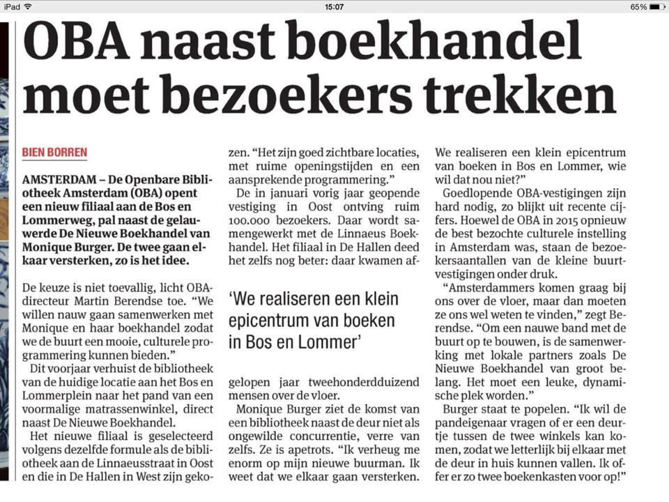 Mooi nieuws over unieke samenwerking <a href="/denweboekhandel/">De Nieuwe Boekhandel</a> en <a href="/OBAmsterdam/">OBA</a> in <a href="/020West/">Stadsdeel West</a> .