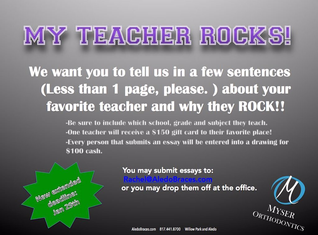 "My Teacher Rocks" contest. Deadline is Jan 29.