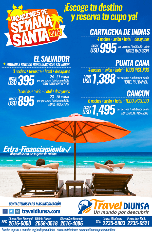 TravelDiunsa's tweet photo. ¡Listos los Paquetes de Vacaciones #semanasanta2016! Llámanos 2558-0518 · 2516-5050 · 2516-4006 · 2235-6721/5804 https://t.co/y5RF6E6t4s