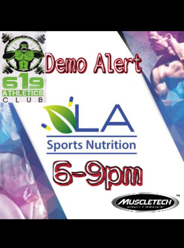 LASNutrition's tweet photo. Demo alert π¨ at 619 athletics from 6-9pm with @MuscleTech #teamLASN https://t.co/TaeMVr0Qa2