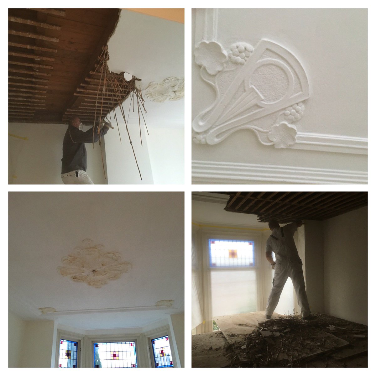 Dag 1 reconstructie Jugendstil plafond te Nijmegen in samenwerking met Ahoud Schilders BV