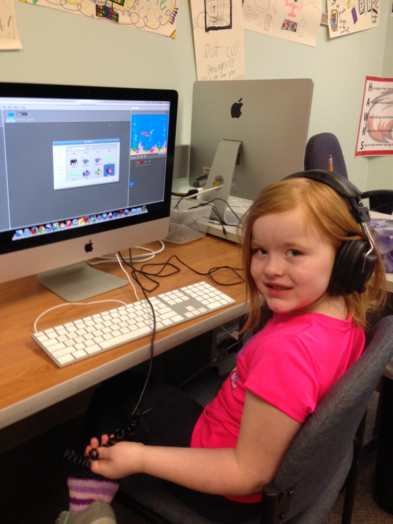 hempelm's tweet photo. Coding with first graders in SCRATCH. #hilltoprocks #htmediaclass https://t.co/eO8wuHOZYY