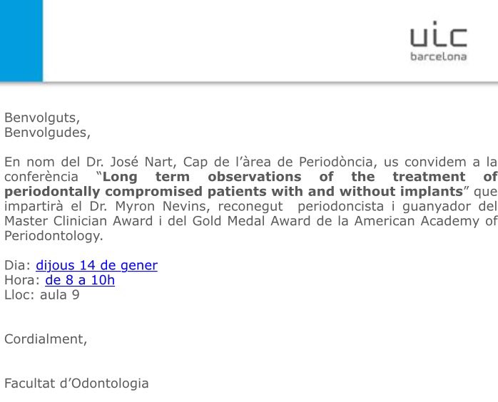 JoseNartPerio's tweet photo. Recibimos en @OdontoUIC #Periodoncia al ilustre Prof. Myron Nevins de @Harvard y editor del #IJPRD @quintpub https://t.co/HgJq6qS84g
