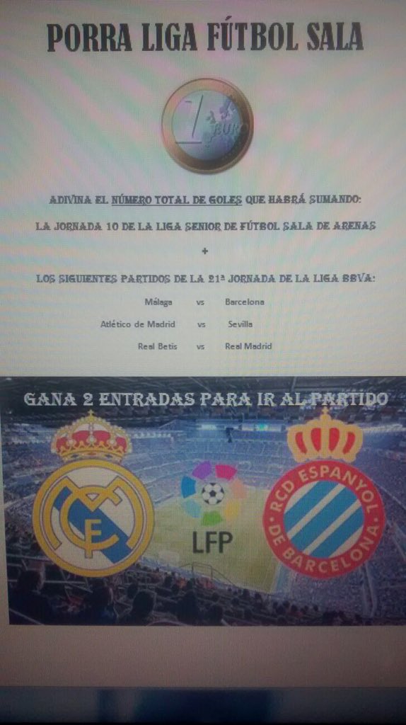 jayro_19's tweet photo. SÁBADO 16 DE ENERO FIESTA DEL FÚTBOL SALA EN ARENAS DE SAN PEDRO!SORTEO DE 2 ENTRADAS PARA EL MADRID-ESPAYOL!(Dia31) https://t.co/QELRULf36N