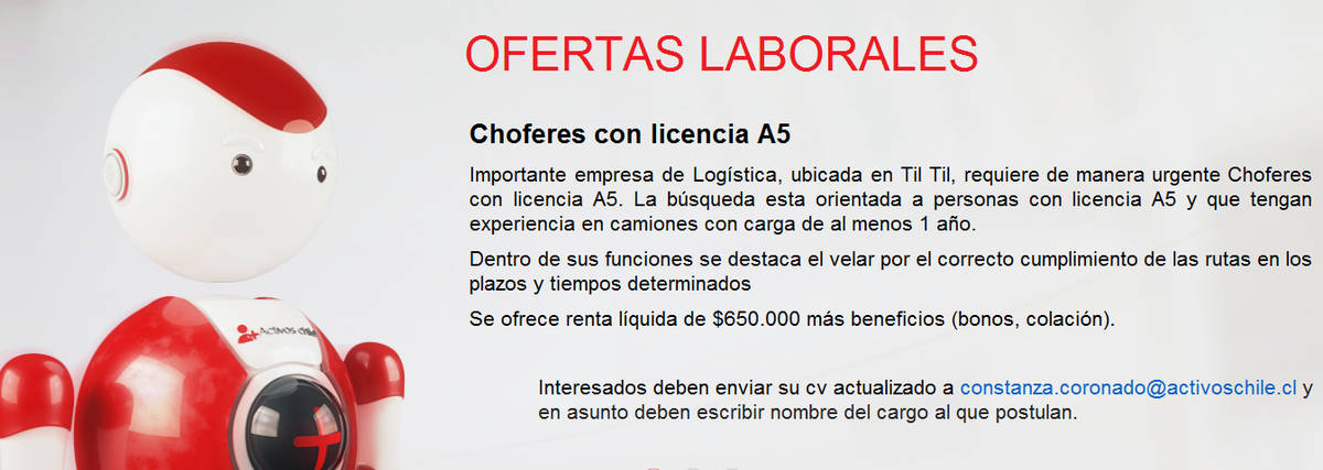 activos_chile's tweet photo. Se necesitan CHOFERES CON LICENCIA CLASE A5, quienes estén interesados enviar CV al correo indicado en la imagen. https://t.co/wcZohiDYUm