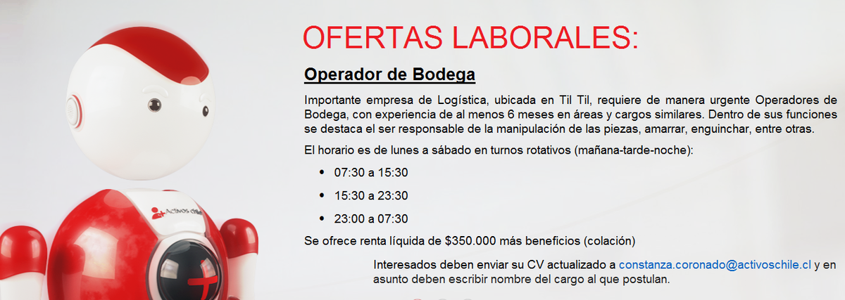 activos_chile's tweet photo. Se necesitan OPERADOR DE BODEGA, quienes estén interesados enviar CV AL correo indicado en la imagen. https://t.co/CYYDZOFcUg