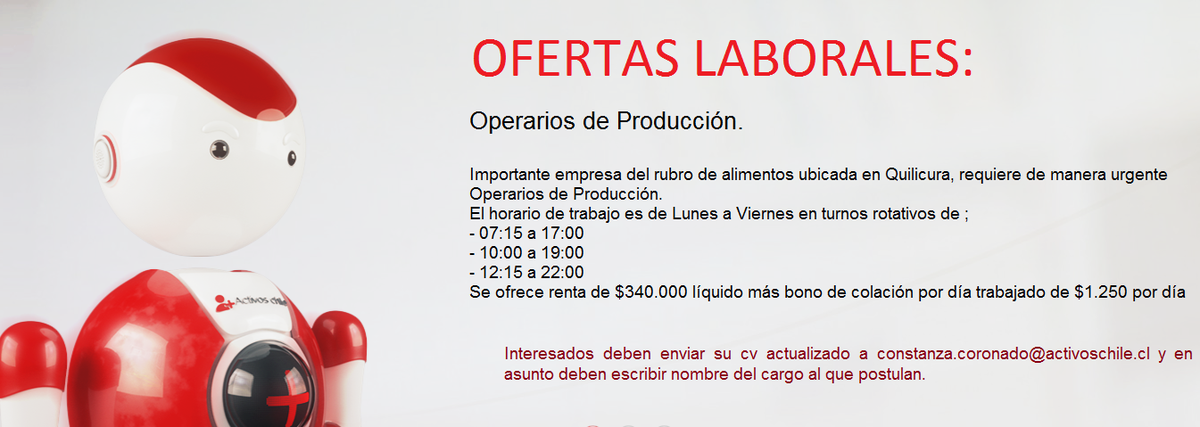 activos_chile's tweet photo. Se necesitan OPERARIOS DE PRODUCCIÓN, quienes estén interesados enviar CV al correo indicado en la imagen. https://t.co/EQiOAdDC8x