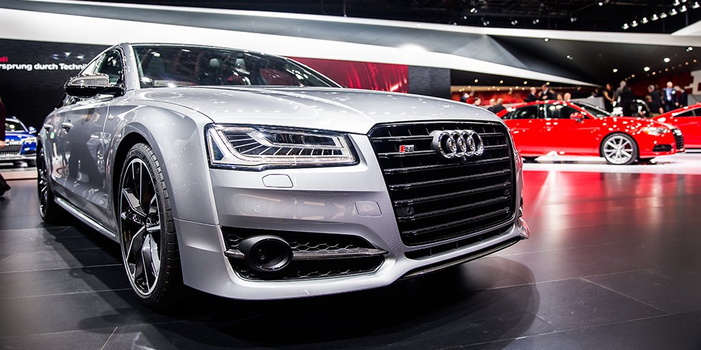 Audi's tweet photo. The #AudiS8 plus wearing Tornado Grey. Top speed—190 MPH, or F3 tornado wind speeds. #NAIAS https://t.co/j8E5r5RYfN https://t.co/GFJwnJIC12