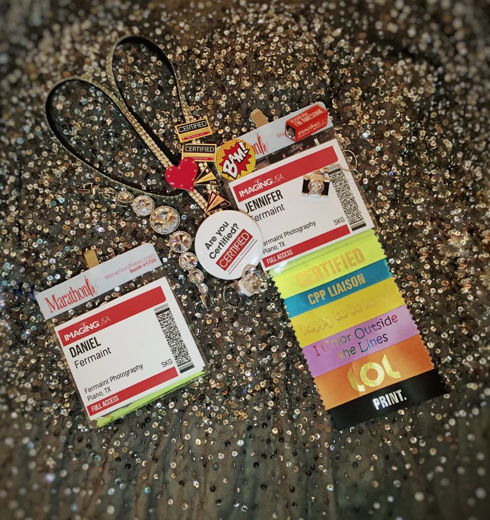 Dancing_Jenn's tweet image. Having an incredible time at #ImagingUSA2016 - it's a "blingy" kind of week! Our badges #PPA @FermaintPhotos