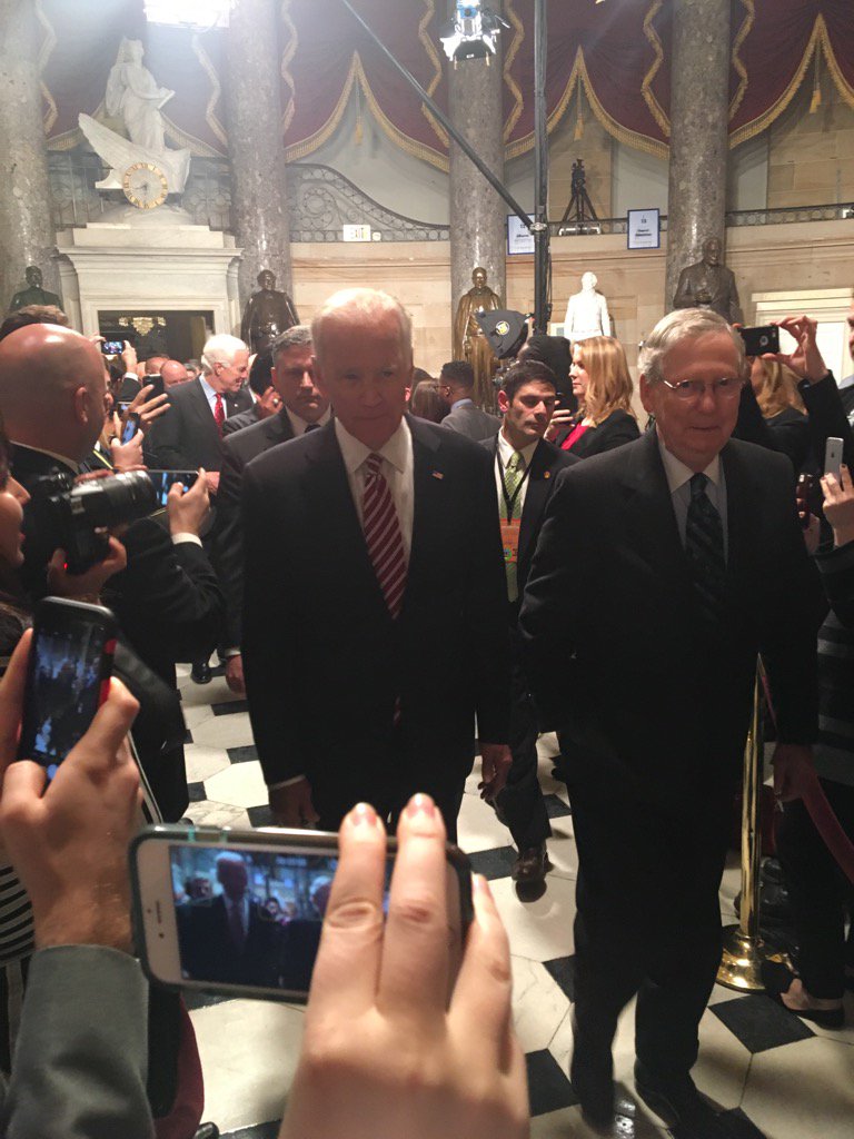 brakktonbooker's tweet photo. .@VP Biden and Sen Majority Leader Mitch McConnell walk into chamber together. #interestingPairing #SOTU16 https://t.co/Jruki1b6Q0