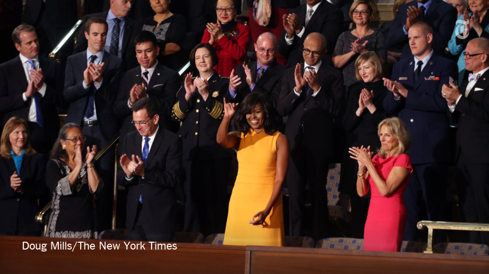 nytimes's tweet photo. Michelle Obama at the State of the Union. Watch the address live: https://t.co/O4apkcRmwA https://t.co/d53cR1nLRB