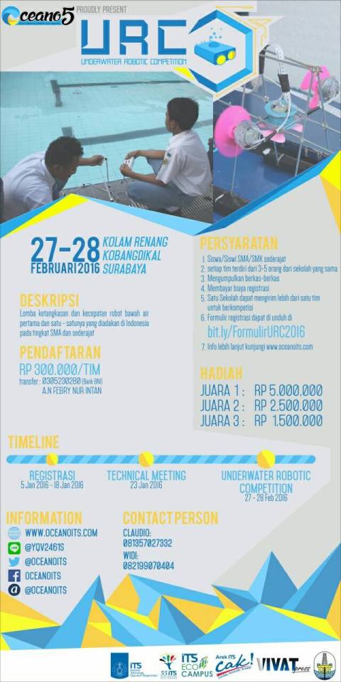 Bisa buat robot dan dapat jutaan rupiah? Cuma di Uderwater Robotic Competition OCEANO5! Klik bit.ly/FormulirURC2016