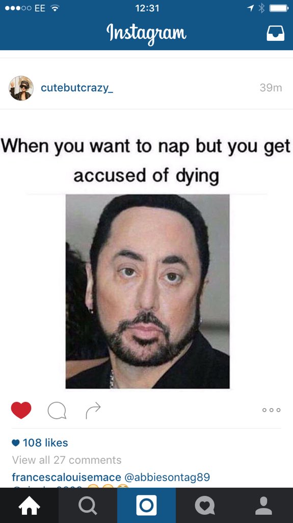 BiancaSelman's tweet photo. Funniest thing #cbb #quote #davidguest #crying #laughyer #nap 😂😂😂😂💤💤💤💤💤 https://t.co/Mvw6hVyl6F