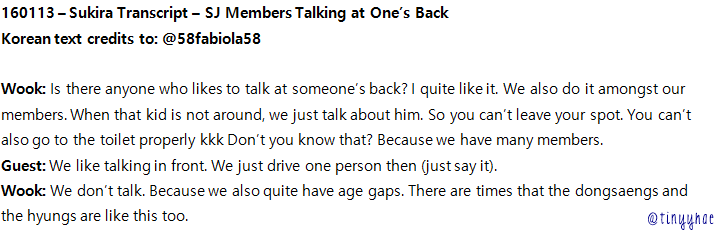 worldwideelfs's tweet photo. Lols! RT tinyyhae 160113 – Sukira Transcript – SJ Members Talking at One’s Back
Korean text credits to: 58fabiola58 https://t.co/JreGW13PUX