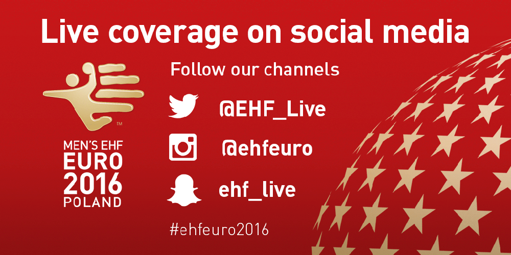 EHFEURO's tweet photo. Our live coverage of #ehfeuro2016 has begun! Follow our mobile journalists on Snapchat, Instagram &amp; @EHF_Live. https://t.co/hvcAlluBmV