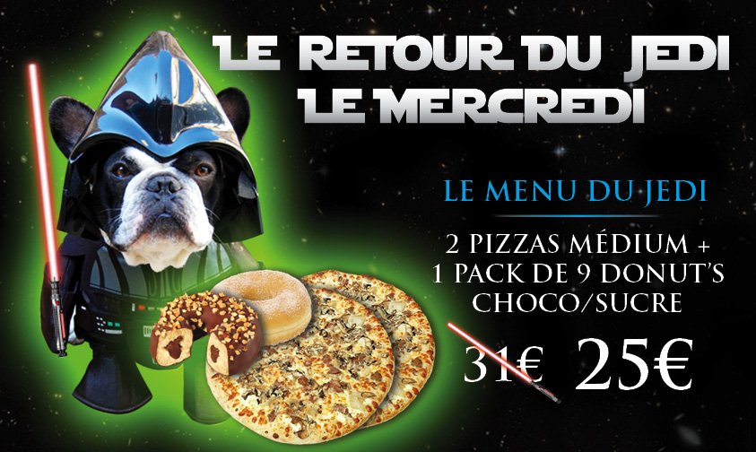 PizzaPasCher's tweet photo. Fans de Star Wars, profitez de notre offre du jour : menu "Jedi"  à 25€ au lieu de 31€ > https://t.co/vus4jMmfUd https://t.co/VksYSTmj1C