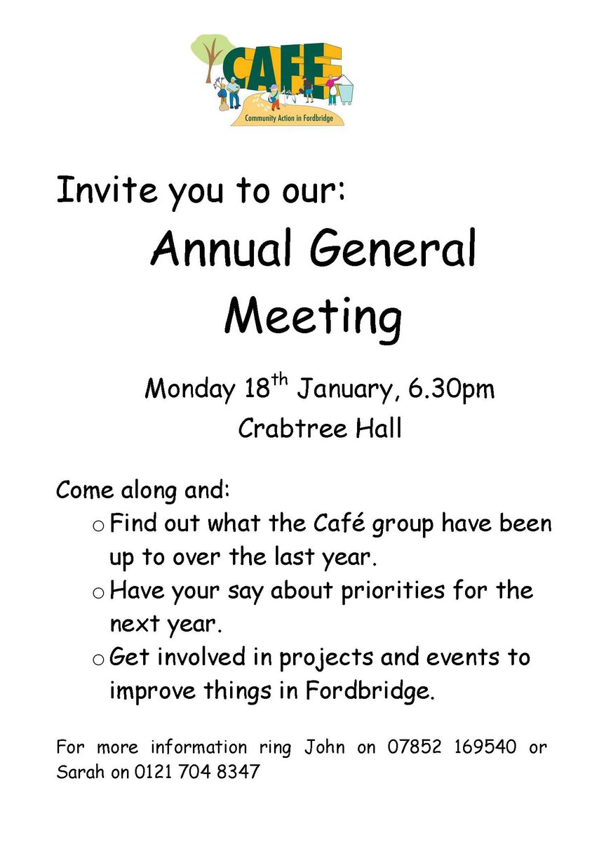 barnes_sarahb's tweet photo. Live or work in Fordbridge? Come to @CAFEfordbridge AGM &amp; have your say. Mon 18 Jan, 6.30pm, Crabtree Hall, B37 5BU https://t.co/joq30o2W6A