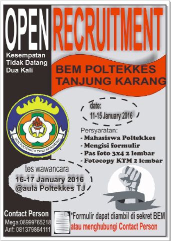 Bagi kamu yang ingin bergabung bersama kepengurusan BEM KM POLTEKKES TJK, simak info selanjutnya yaa