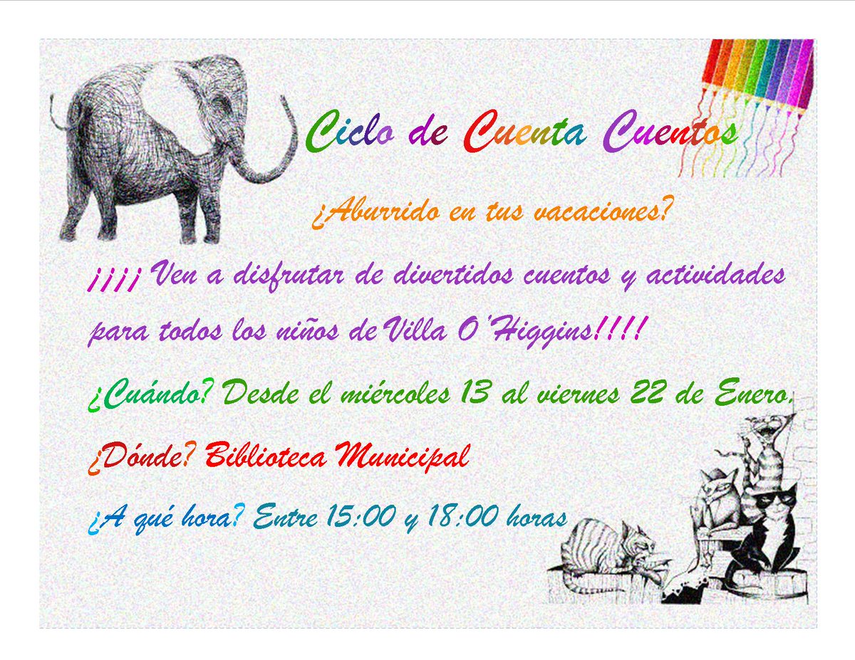 Hoy comienza el Ciclo de Cuenta Cuentos hasta el 22 de Enero, entre las 15 a las 18 hrs. en la Biblioteca Municipal.