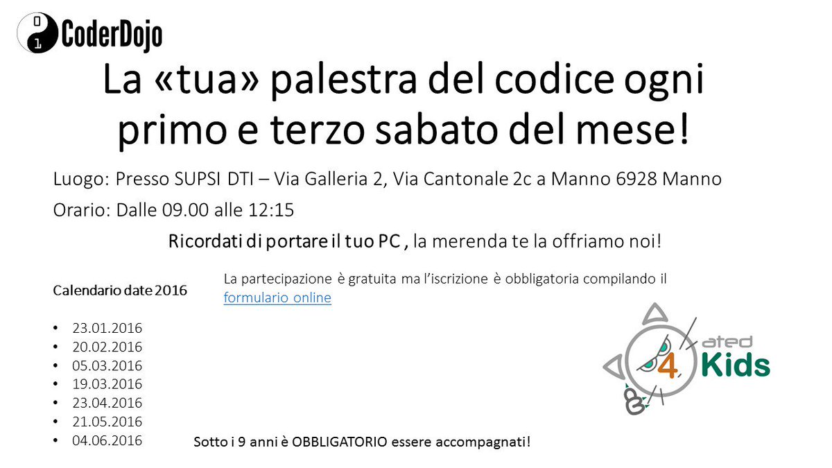 atedIctTicino's tweet image. @SUPSI_DTI ospita due volte al mese i nostri incontri con @CoderDojo #CoderDojoLugano #coding #scratch #Kids