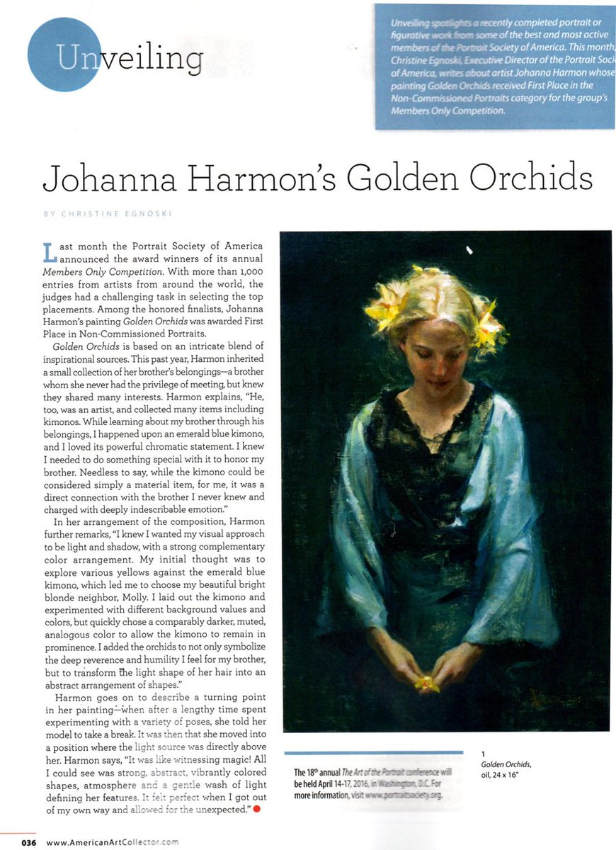PortraitSocAmer's tweet photo. The current issue of @ArtMags unveils Johanna Harmon sharing her emotional story that inspired "Golden Orchids." https://t.co/zQsJ2F6TkN