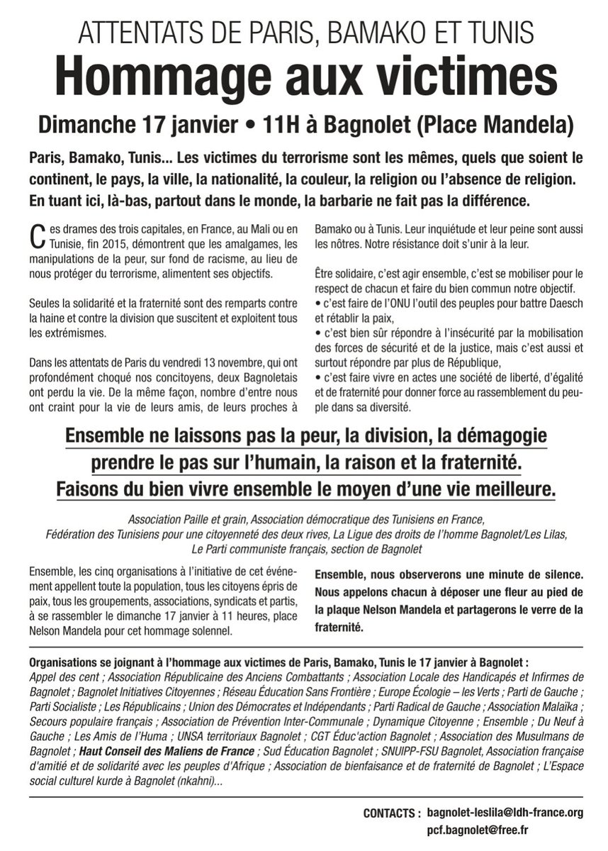 ADTF_'s tweet photo. Hommage aux victimes de #paris #bamako #tunis le 17/01/2016
Place Mandela à Bagnolet https://t.co/owEW0f2aXi