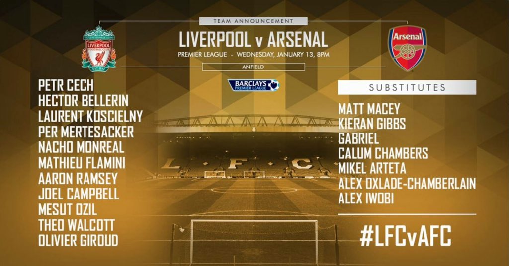 Arsenal_France's tweet photo. Les compositions de ce soir !! #LFCvAFC https://t.co/w7IoRKVJym