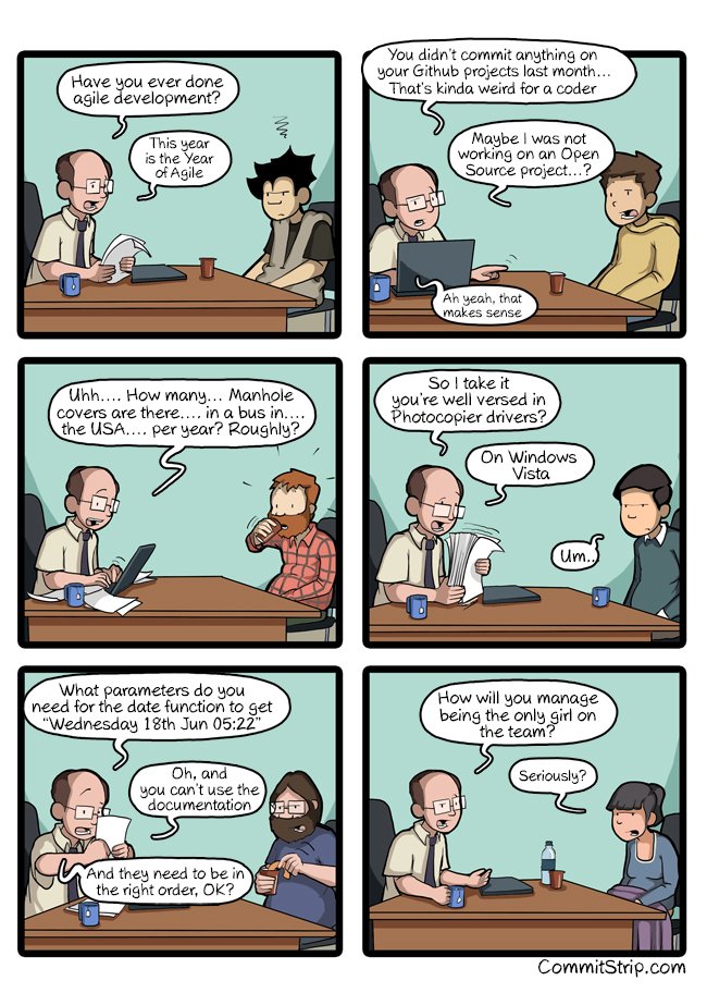 CommitStrip's tweet image. Questions you should never ask a coder in an interview
 commitstrip.com/2016/01/13/que…